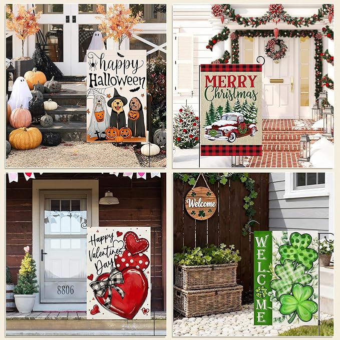 Seasonal Garden Flags Set of 12 Double Sided 12 x 18 Inch Garden Flags, Small Yard Flags for Outside, Patriotic Spring Garden Flag Outdoor Decor, Holiday Garden Decorations for All Seasons
