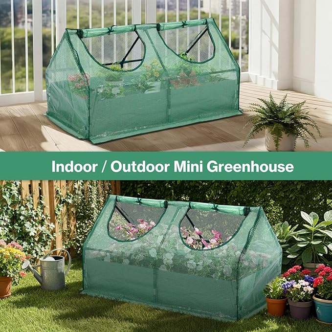 Aoodor 4x2x2 FT Raised Garden Bed with Mini Greenhouse Cover, PE Planter Box Kit with Windows for Herbs, Flowers and Vegetables, Green