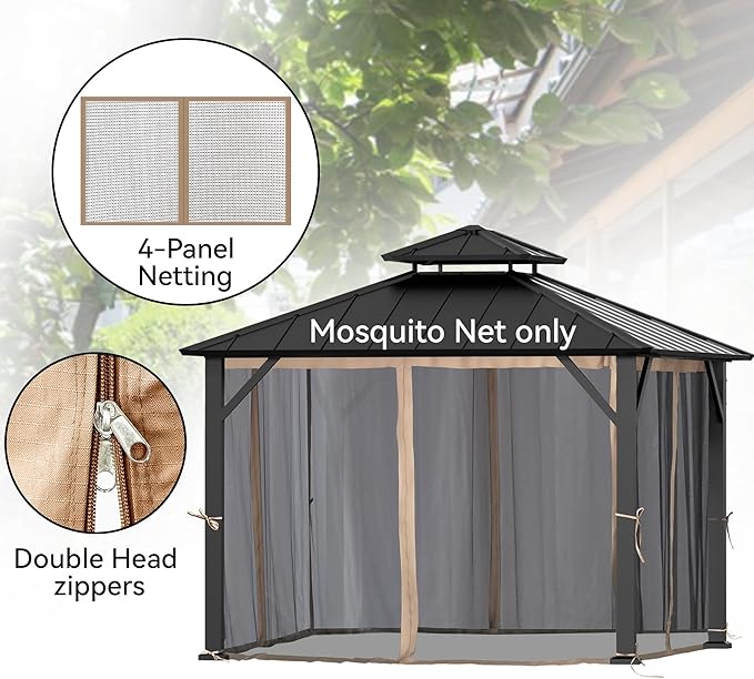 Covered Outdoor Gazebo Mosquito Netting Replacement Universal 4-Panel Sidewalls 8' x 8', Outdoor Gazebo Mosquito Nettings with Double Zipper, Replacement for Patio Canopy, Garden (Mosquito Net Only)