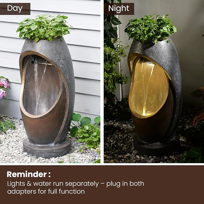 Tankana Waterfalll Water Fountain Outdoor Garden Patio Freestanding Fountains Water Feature with LED Lights, Planter Groove and Oval Cutout Design for Backyard Deck Porch Home Decor, Brown