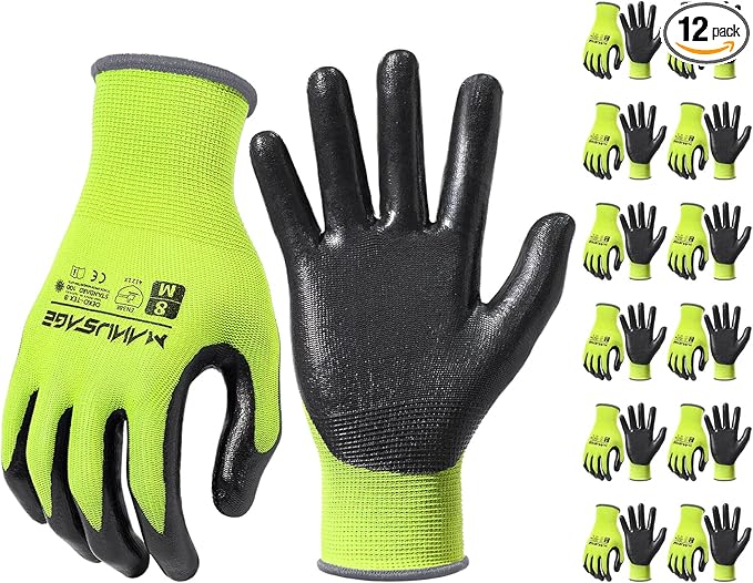 MANUSAGE Safety Work Gloves - Protective Glove for Men & Women - Ultrathin Hand Protection - For Construction, Gardening, Landscaping - Yellow - Size XXL - 12 Pairs
