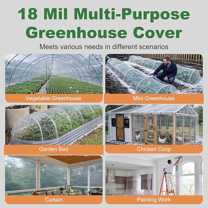 6 Mil Greenhouse Plastic Sheeting, 13x25 FT High Clear Greenhouse Film, Heavy Duty UV Resistant Waterproof Dust Green House Plastic Cover for Garden, Farms, Agriculture