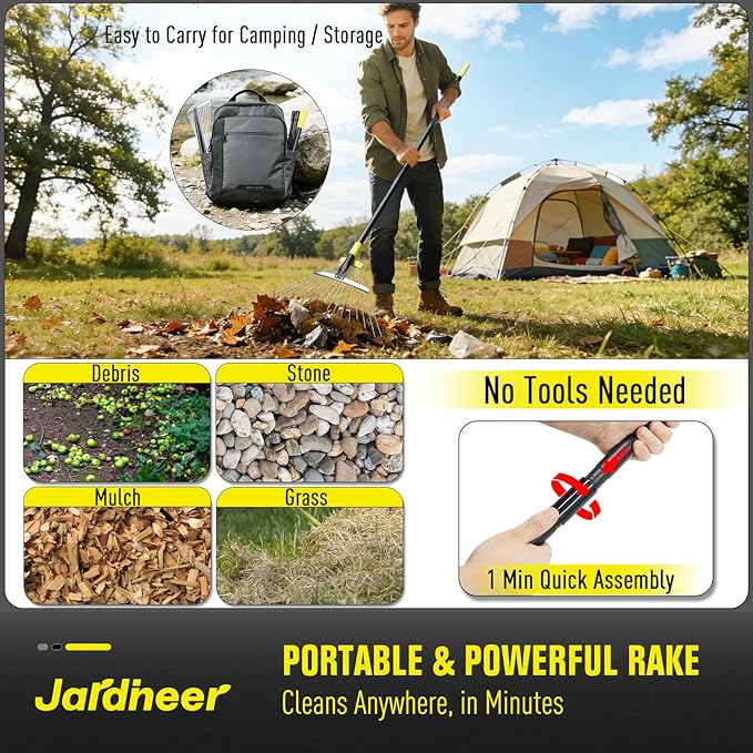 Jardineer Garden Rake for Leaves - Adjustable Metal Leaf Rake with Expandable Head and 59 Inch Long Handle, Yard Rake for Leaves, Debris, Tight Spaces and Yard Waste Removal