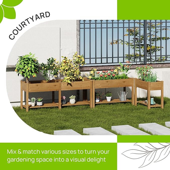Raised Garden Bed with Legs, Wooden Raised Garden Bed with Storage Shelf, 34x18x30.7in, Elevated Wood Planter Box for Vegetables Flowers Herbs, Garden Planter for Backyard Patio Balcony (Brown, S)