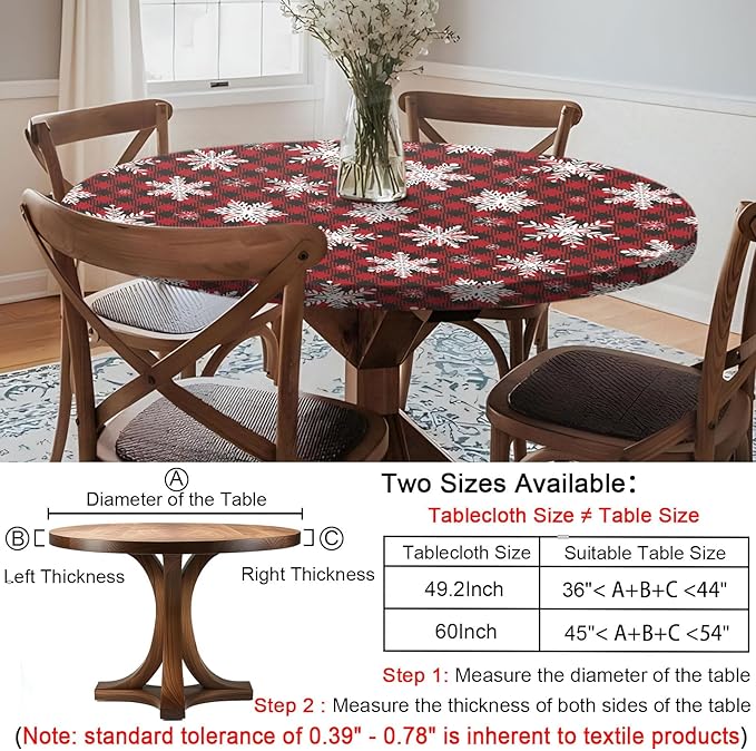 Fitted Christmas Round Tablecloth Waterproof Table Cloth Vinyl Indoor Outdoor Circle Cover for 36-44" Table Dining Living Room Kitchen Western Home Party Decor Gift Festival Family Essential