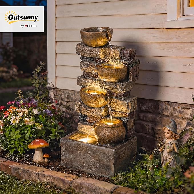 Outsunny 28" Outdoor Fountain with 5-Tier Rustic Jugs and Rock, Cascading Waterfall with LED Lights, Adjustable Flow, Resin Freestanding Garden Fountain for Garden Patio, Rustic Brown