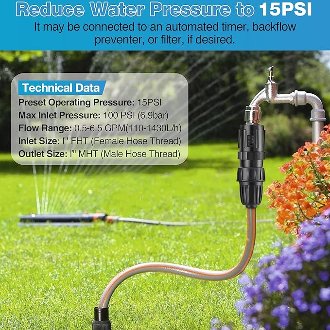 4 Pcs 15 PSI Drip Irrigation Pressure Regulator Faucet Adapter Kit, 2 Pcs 3/4" FHT x 3/4'' MHT Pressure Regulator, 2 Pcs 1/2 Inch Drip Irrigation Tubing Adapter for Drip Irrigation System