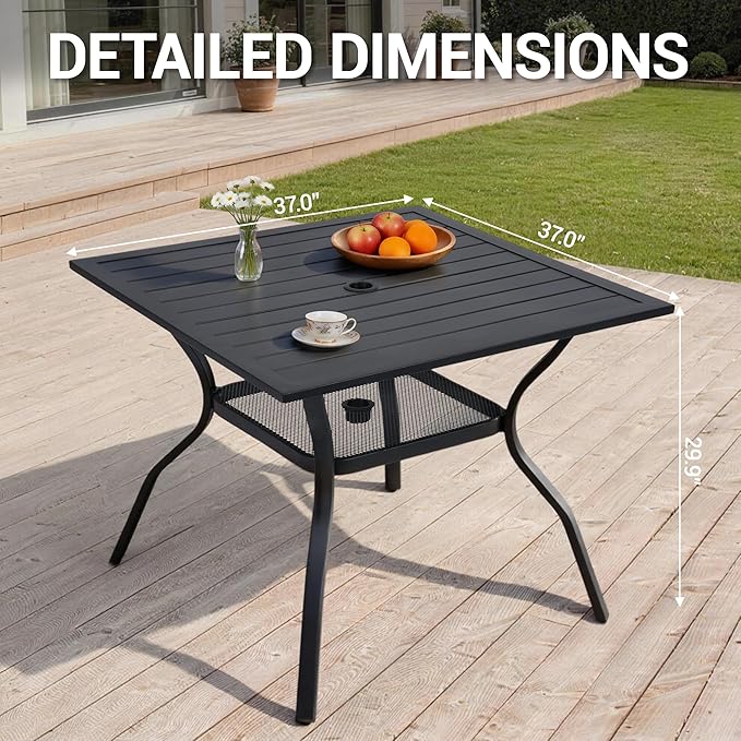 37" Outdoor Dining Table for 4 Person, Metal Rectangular Steel Slat Square Patio Dining Table with Adjustable Umbrella Hole for Garden, Partitioned Storage Rack, Backyard and Porch, Black