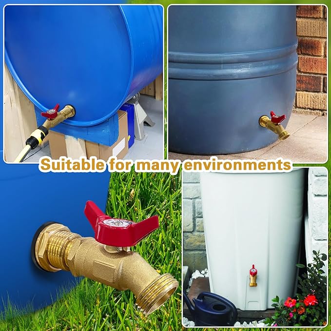 Rain Barrel Spigot Kit 3/4" GHT Brass Garden Hose Valve+Brass Garden Hose Bulkhead Fitting for Rain Barrels Aquariums Water Tanks Tubs Pools Spigot
