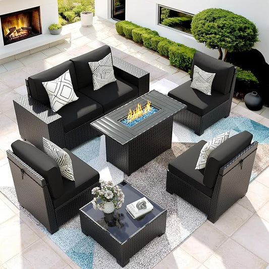 7 Piece Patio Furniture Set with Fire Pit Table, Outdoor Sectional Conversation Sets Black Wicker Rattan Sofa with Coffee Table for Patio Garden Backyard, 4'' Thickened Cushion Black