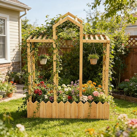 Raised Garden Beds with Arch Trellis Outdoor, Wooden Planter Boxes with Hanging Roof, Side Trellis Patio Wooden Flower Pots for Vines Climbing Vegetables Plants(Wood5)