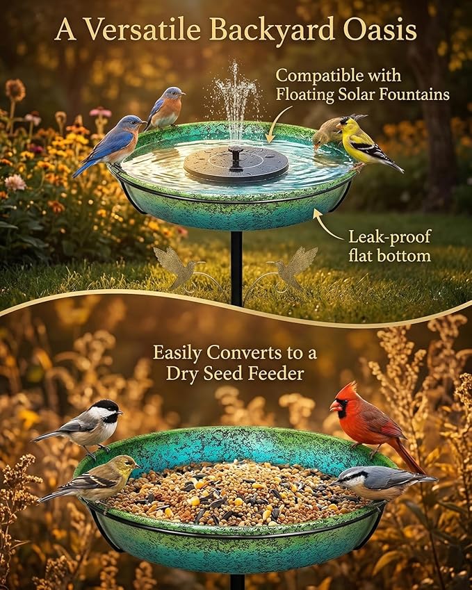 35" Metal Bird Bath for Outside Standing Metal Bird Bath Stake in Ground Iridescent Blue Green Birdbath with Scientifically Designed Color Lure for Birds 12" Detachable Bowl for Garden Patio Yard