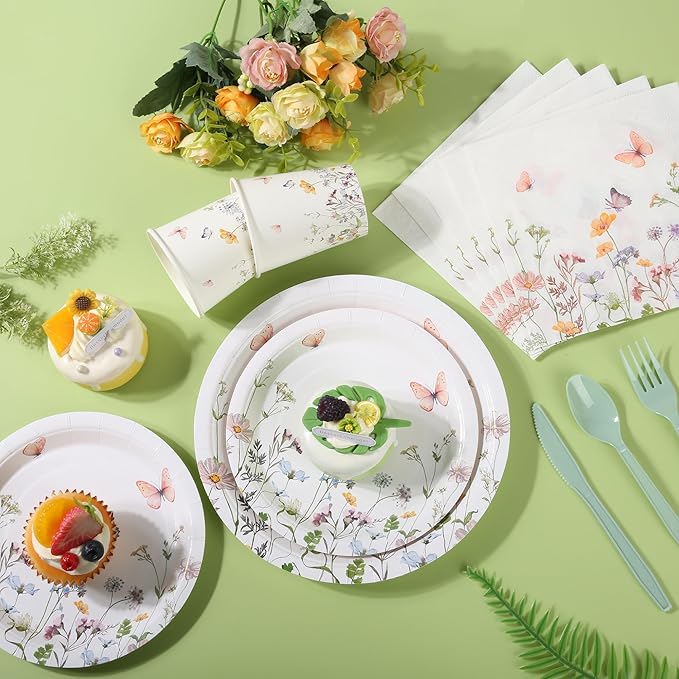 175 Pcs Wildflower Paper Plates and Napkins 25 Guests Spring Summer Floral Arrangements Tableware Party Supplies Set for Mothers Day Baby Shower Wedding Birthday Garden Tea Party