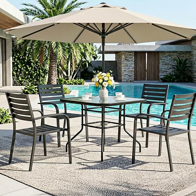 VINGLI Glass Patio Table with Umbrella Hole, 32" Square Outdoor Dining Table Steel Tempered Glass Patio Tables Outdoor Tables for Balcony Garden Deck
