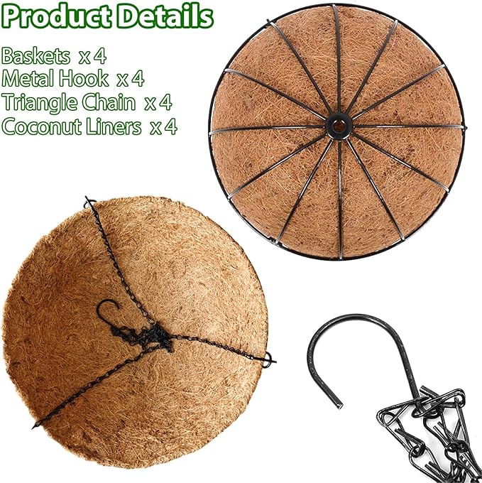 LCHUANG Hanging Baskets Planter for Plants - 4 Pack 12 Inch Metal Baskets with Coco Coir Liner, Hanging Flower Pots for Outside with Chain, Indoor Outdoor Garden Porch Decoration (12'' Pack of 4)