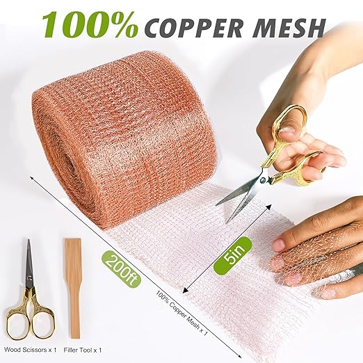 Copper Mesh Rodent Control Copper Wool for Slugs Mice Pest Snail Bird Control 5" x 200 ft Copper Wire for Weep Hole Covers Rodent Mesh