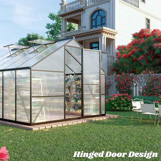 8 x 14 FT Greenhouse for Outdoors, Polycarbonate Greenhouse with Quick Setup Structure and Roof Vent, Aluminum Large Walk-in Green House for Outside Garden Backyard, Dark Gray