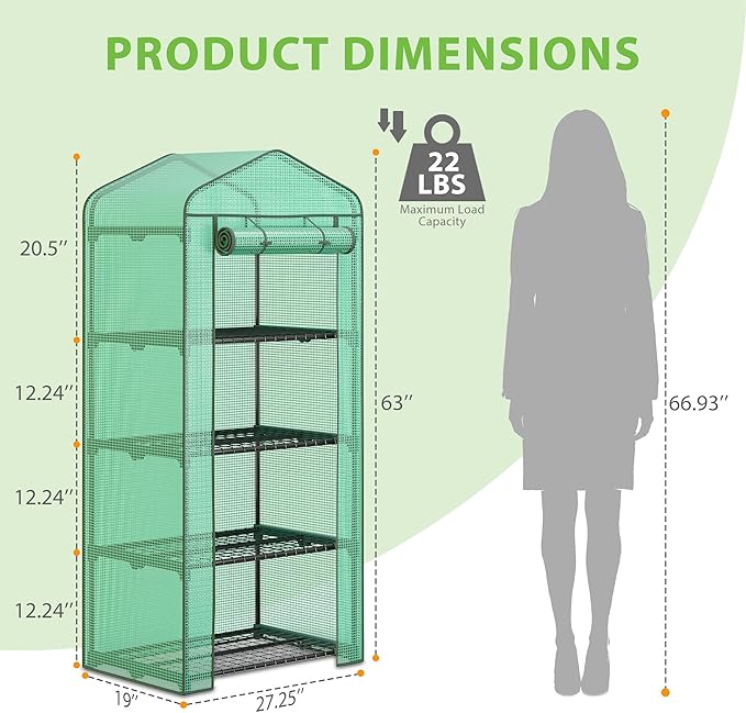 HOMGARDEN 4-Tier Mini Greenhouse Portable Plant Flower Shelf Tent w/PE Cover Roll-Up Zipper Door for Lawn Patio Garden Indoor Outdoors
