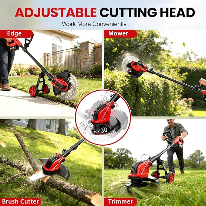 12-Inch Cordless Electric Weed Wacker, 2x3.0Ah 21V Battery Powered Weed Eater with Wheels, 800W Brushless Motor, Lawn Mower with 4 Types Blades, 20000RPM Brush Cutter Grass Trimmer for Garden Yard