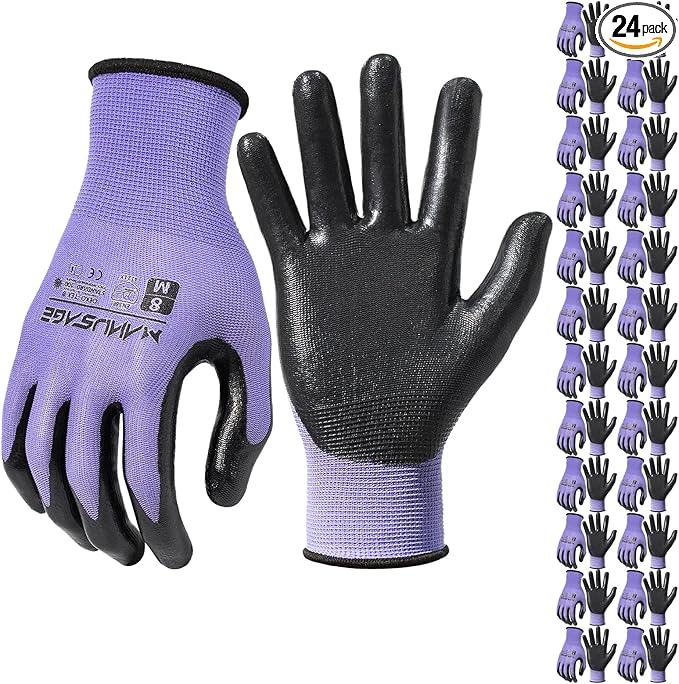 Manusage Safety Work Gloves for Men and Women - Nitrile With Touchscreen Fingers and Grip - Mechanics Gloves (Size XXL, Purple, 24-Pairs)
