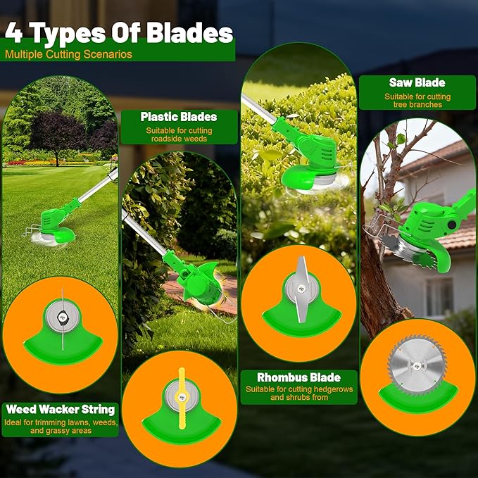 Cordless Weed Wacker Electric Stringless Eater 21V Battery Powered Lightweight Portable Weed Trimmer, 3-in-1 Lawn Edger/Grass Trimmer/Brush Cutter with 4 Types Blades & Wheels for Yard and Garden
