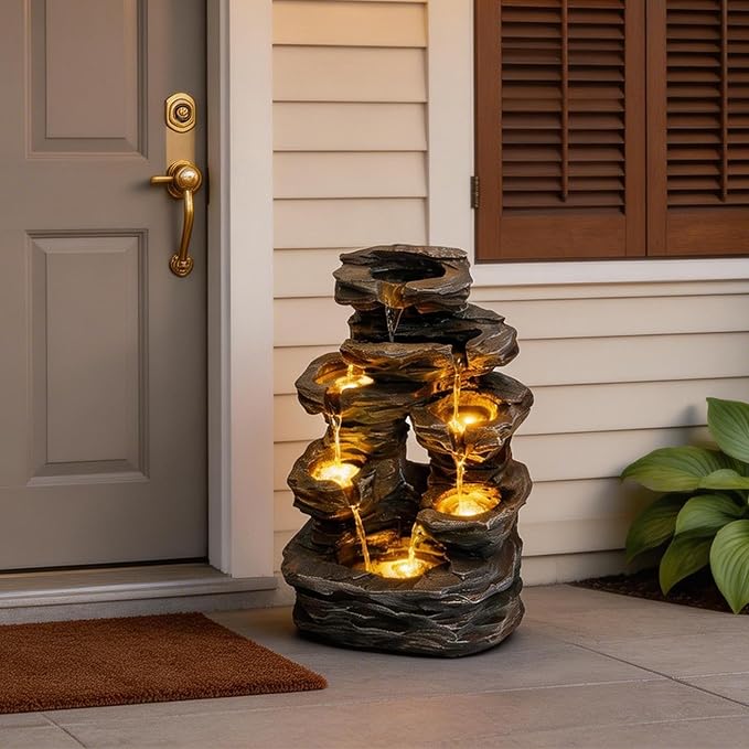 7-Tier Cascading Outdoor Fountain with LED Lights, 23" H Fountains and Waterfalls Stone-Look for Garden, Patio, Yard Decor