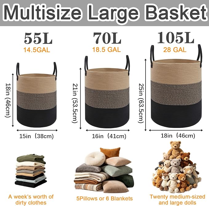 70L Woven Laundry Basket, Large Clothes Hamper with Handles- Jute