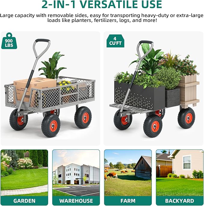 Autodaya Heavy Duty 900 lbs Capacity Garden Cart Wagon with 10" Pneumatic Tires & Removable Mesh Sides - 180° Rotating Handle, 4 Cu.Ft Utility Wagon for Yard, Garden, Hauling, All Terrain Outdoor Use