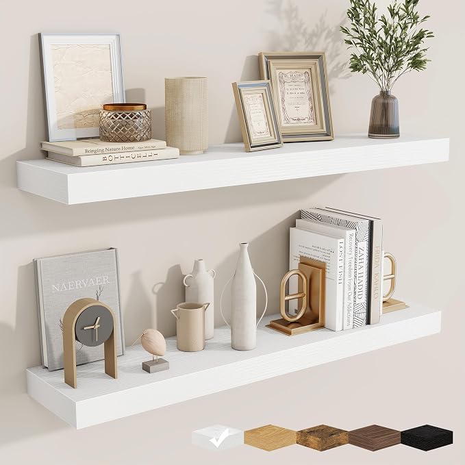 Floating Shelves for Wall, Wall Mounted Wood Shelves, White, Set of 2, 36in | Wood Floating Shelf with Invisible Brackets for Living Room, Bathroom, Bedroom, Kitchen, Hanging Shelf for Storage and Decor