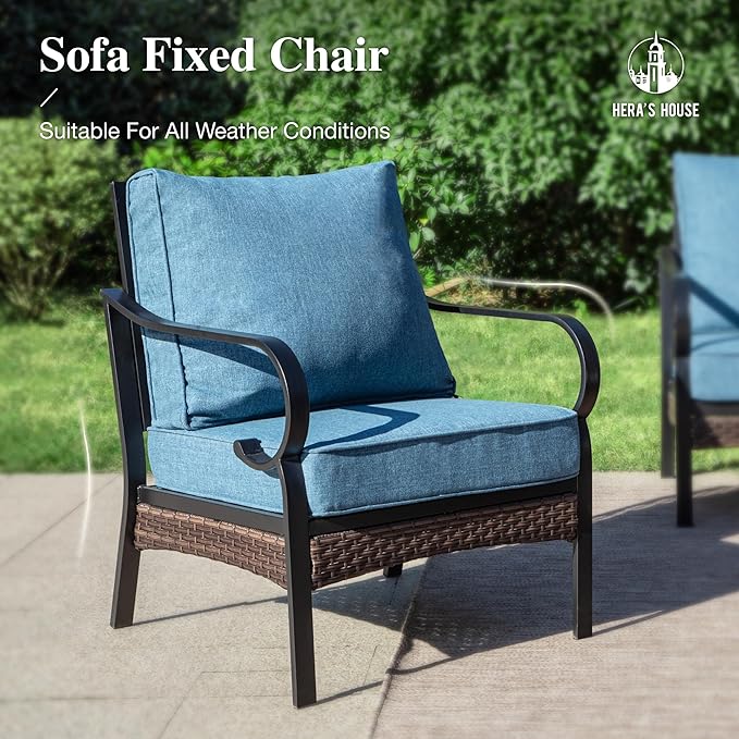 HERA'S HOUSE Patio Chairs Set of 2, High Back Outdoor Dining Chairs with Thick Cushions, All Weather Metal Frame Furniture for Garden, Backyard, Deck, Navy Blue