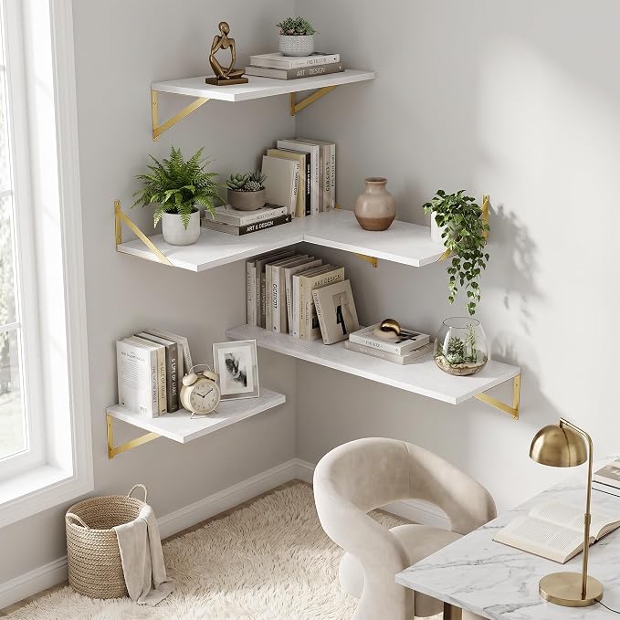 Dreamland Wall Mounted Floating Shelves Set of 2, 24x12, White&Gold