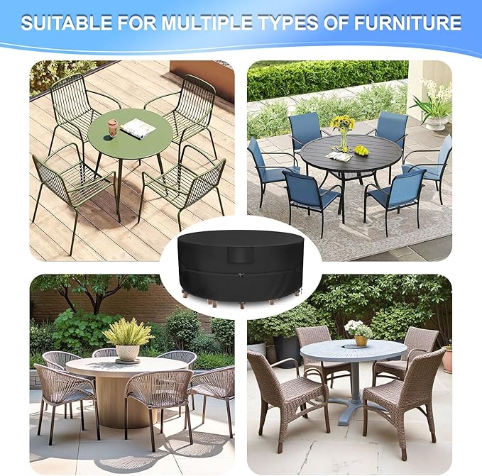 Patio Furniture Set Cover Waterproof, Heavy Duty Patio Table Cover Round, Large Outdoor Furniture Covers for Patio Furniture, Outdoor Table and Chair Set Cover, 96"Dia x 28"H, Black