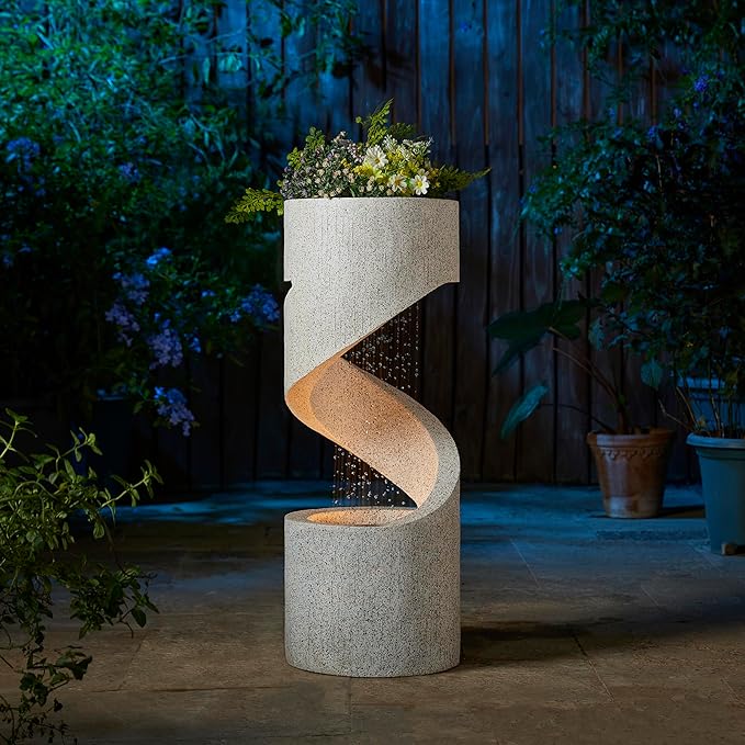 Glitzhome Outdoor Water Fountain, 31.25" H Modern Faux Terrazzo Spiral Shaped Outdoor Fountain with Pump and LED Lights,Polyresin Waterfall Fountain Water Feature for Garden, Patio, Porch Decor