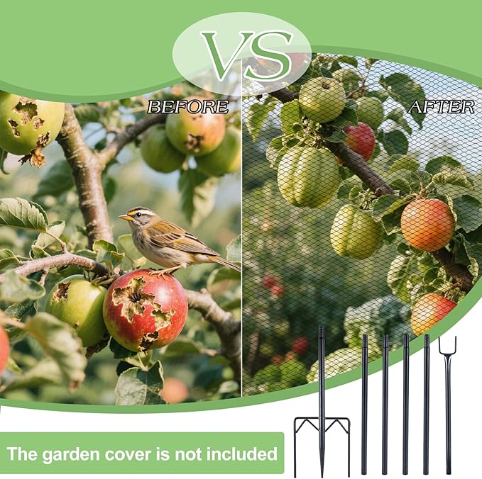 6 Pack 7.2ft Metal Garden Netting Support Stakes, Heavy Duty Garden Netting Pole with 50 Tie Rustproof Gardening Fence Stake Crop Cage Protection Post Frame for Support Fruits Garden Bed Plant Net