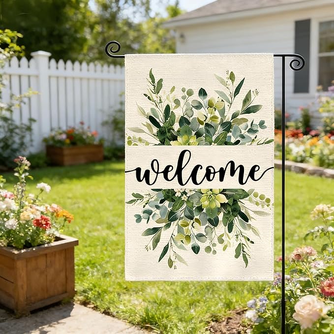 Garden Flag 12x18 Inch Double Sided for Outdoor Use Spring Summer floral welcome sign with eucalyptus design, ideal spring decorations for home, seasonal farmhouse yard flag for outside patio and garden