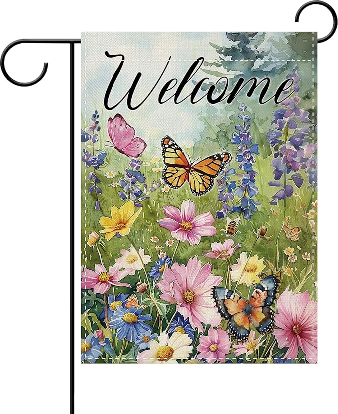 Dyrenson Welcome Spring Summer Floral Decorative Garden Flag, Watercolor Flower Butterfly Yard Outside Home Decoration, Botanical Wildflower Pastoral Burlap Outdoor Small Decor Double Sided 12 x 18