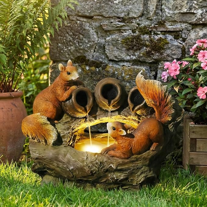 Sunlinua 24" L Squirrel Outdoor Water Fountain, Decorative Resin Water Fountain with LED Lights, Garden Waterfall Fountains Indoor and Outdoor for Patio, Porch, Courtyard, Home Decor