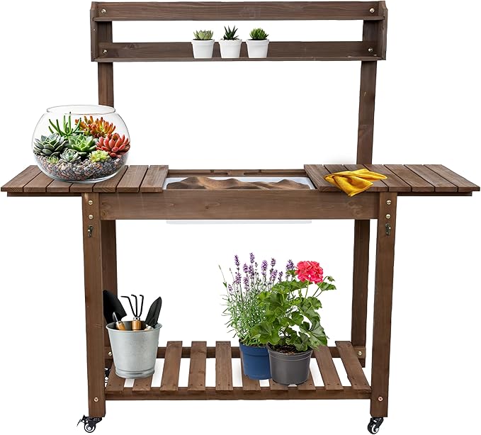 Sunnydaze Wheeled Garden Potting Bench with Sink - Outdoor Potting Table - Garden Table with Planting Station and Hooks - Brown