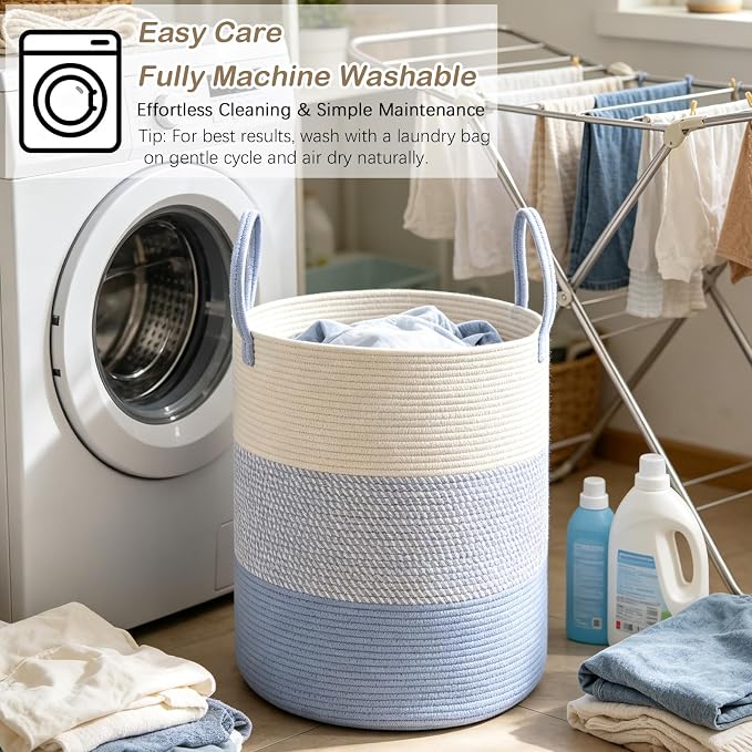 55L Woven Laundry Basket, Large Clothes Hamper with Handles- Blue
