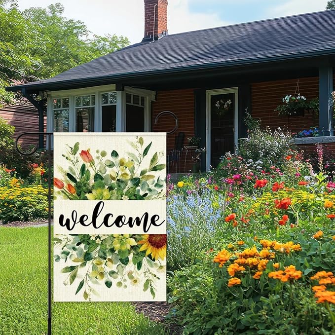 Welcome Flags for Outside,Spring Eucalyptus Garden Flag for Yard Patio Lawn Decoration,12x18 Inch Double Sided