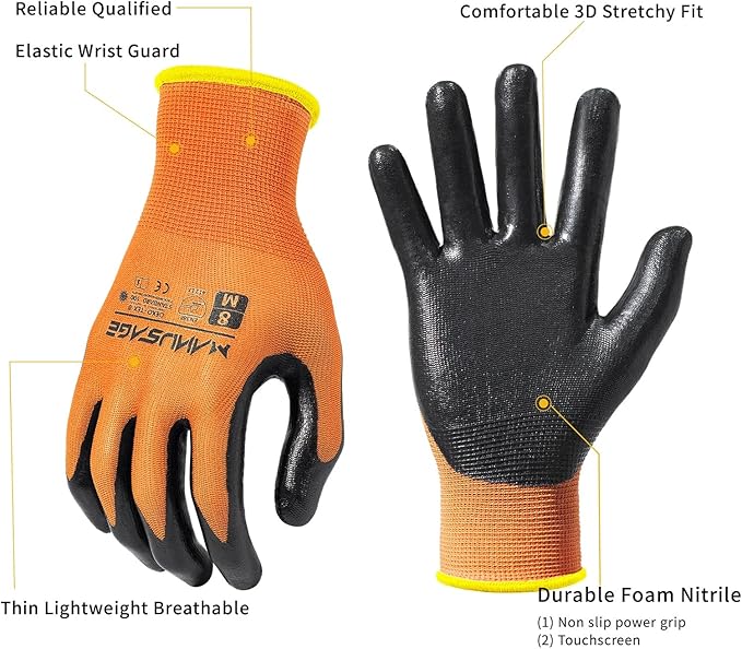 MANUSAGE Safety Work Gloves Nitrile For Men and Women, with Touchscreen Fingers, Men's Work Gloves with Grip, Mechanics Gloves (Size XL, Orange, 3-pairs)