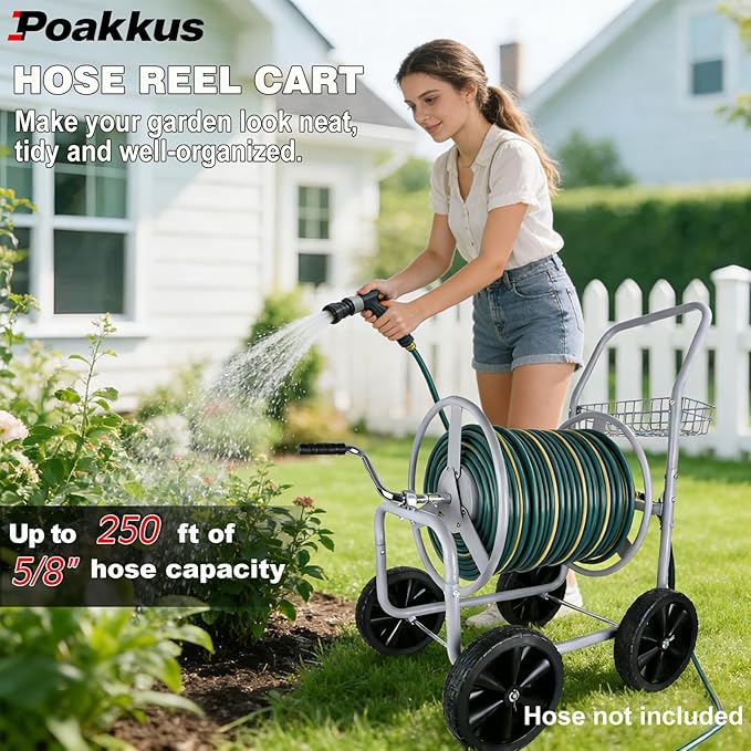 Hose Reel Cart, 250 FT of 5/8’’ Hose, Heavy-Duty Water Hose Cart with 4 Wheels, Storage Basket, Portable Water Hose Organizer for Outside Yard, Outdoor Planting Tool (Sliver)
