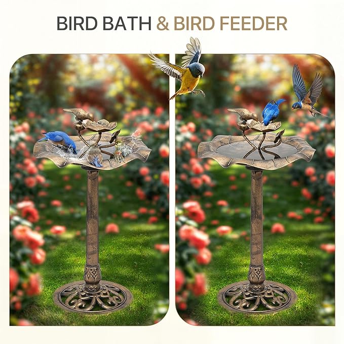Athena Collection 35'' Outdoor Bird Bath, Vintage Pedestal Birdbath with 2-Tier Fountain Bowl, 5l Polypropylene Bird Bath with Lotus Accents, Garden Patio Yard Lawn Decor for Attracting Birds, Bronze