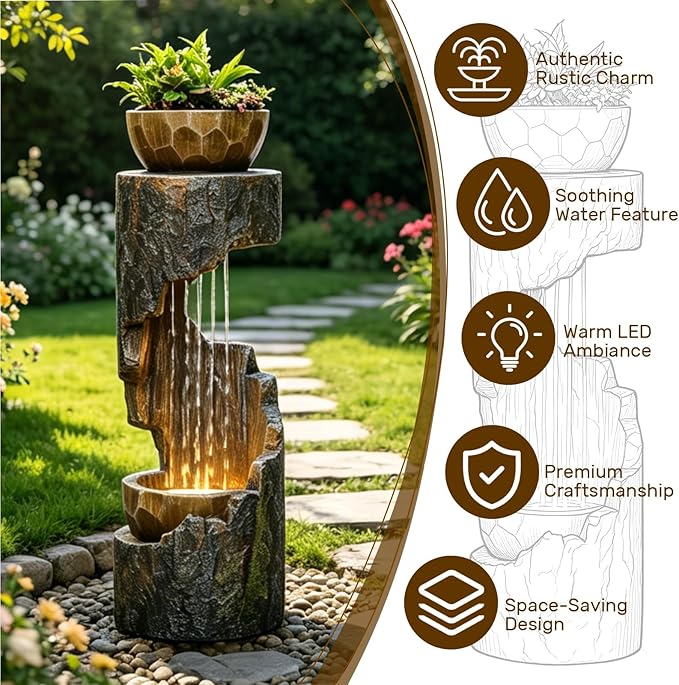 Sunlinua Outdoor Water Fountain with LED Light, Modern Spiral Tiered Outdoor Fountain with Stone Planter Curved Freestanding Waterfall Fountains for Garden Patio Deck Porch
