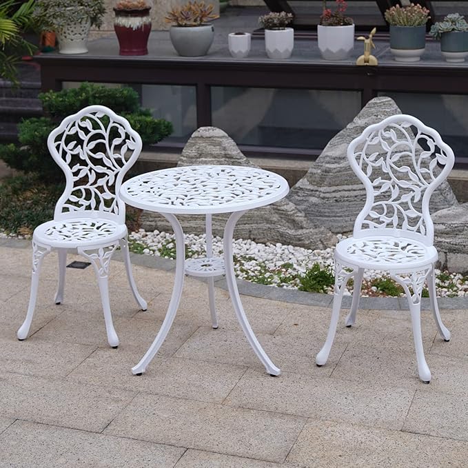 KAILI Patio Bistro Sets 3 Piece cast Aluminum Patio Furniture Outdoor Garden Metal Rust Proof Tables and Chairs White bisrto Set (Leaf-White)