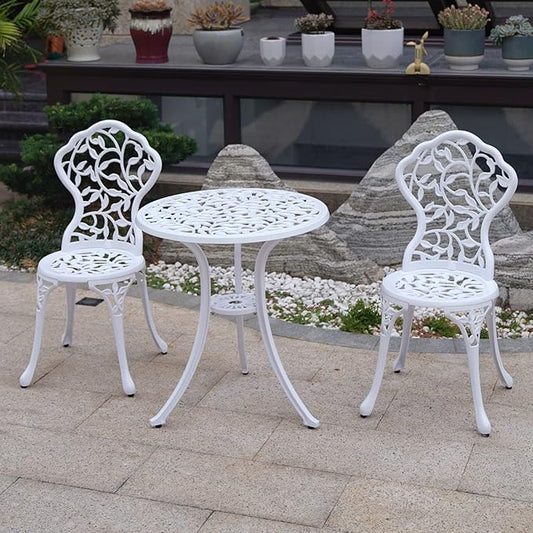KAILI Patio Bistro Sets 3 Piece cast Aluminum Patio Furniture Outdoor Garden Metal Rust Proof Tables and Chairs White bisrto Set (Leaf-White)
