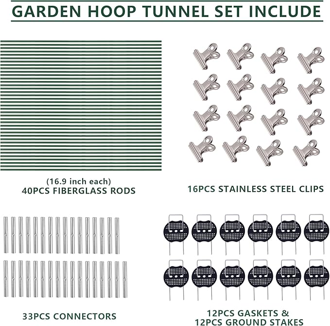 Garden Hoops Kit for Raised Beds, 40pcs Fiberglass Greenhouse Hoops, Row Cover Hoops for Insect Netting, Frost Cover, Shade Cloth, DIY Grow Tunnel kit with Ground Stakes and Clips