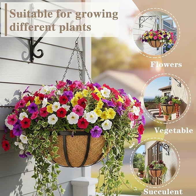 EIMQUVW 2 Pack Round Hanging Baskets 12 Inches Black Outdoor Metal Flower Pots with Coco Liner and Chain Heavy Duty Flat Iron Hanging Planters for Indoor Outdoor Gardens Decor