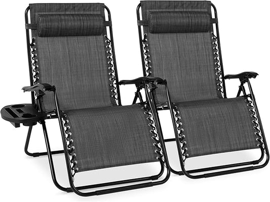Best Choice Products Set of 2 Extra Wide Adjustable Steel Mesh Zero Gravity Lounge Chair Recliners w/Pillows and Cup Holder Trays - Gray