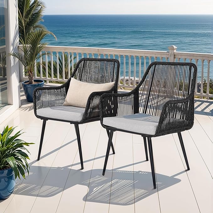 Patio Dining Chairs Outdoor Dining Chairs with Armrest and Cushion Set of 4, All-Weather Woven Twisted Wicker Rattan Chair, Modern Indoor Outdoor Seating for Garden, Lawn, Backyard, Black